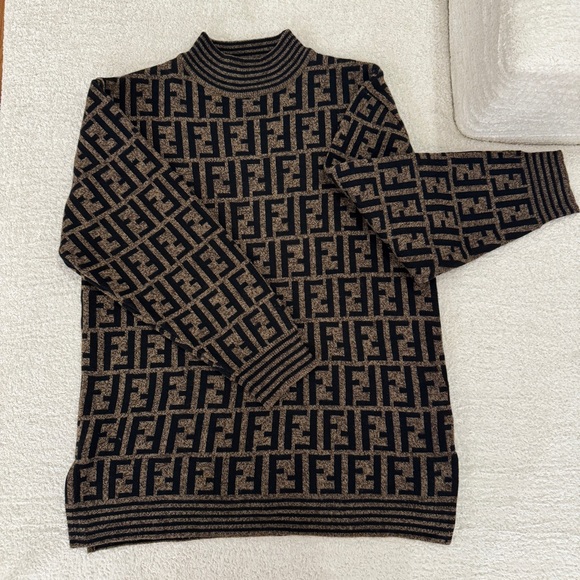 Fendi Sweaters - Authentic FENDI Zucca FF Logo Classic Mockneck Wool Sweater | Size L-XL
